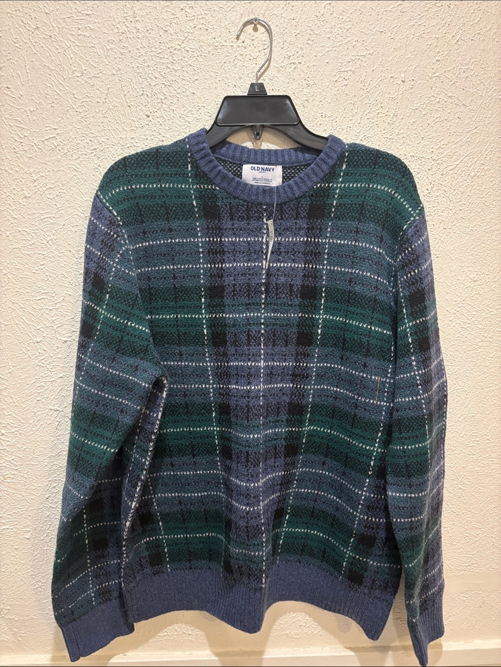 Old Navy Blue and Green Plaid Crewneck Sweater